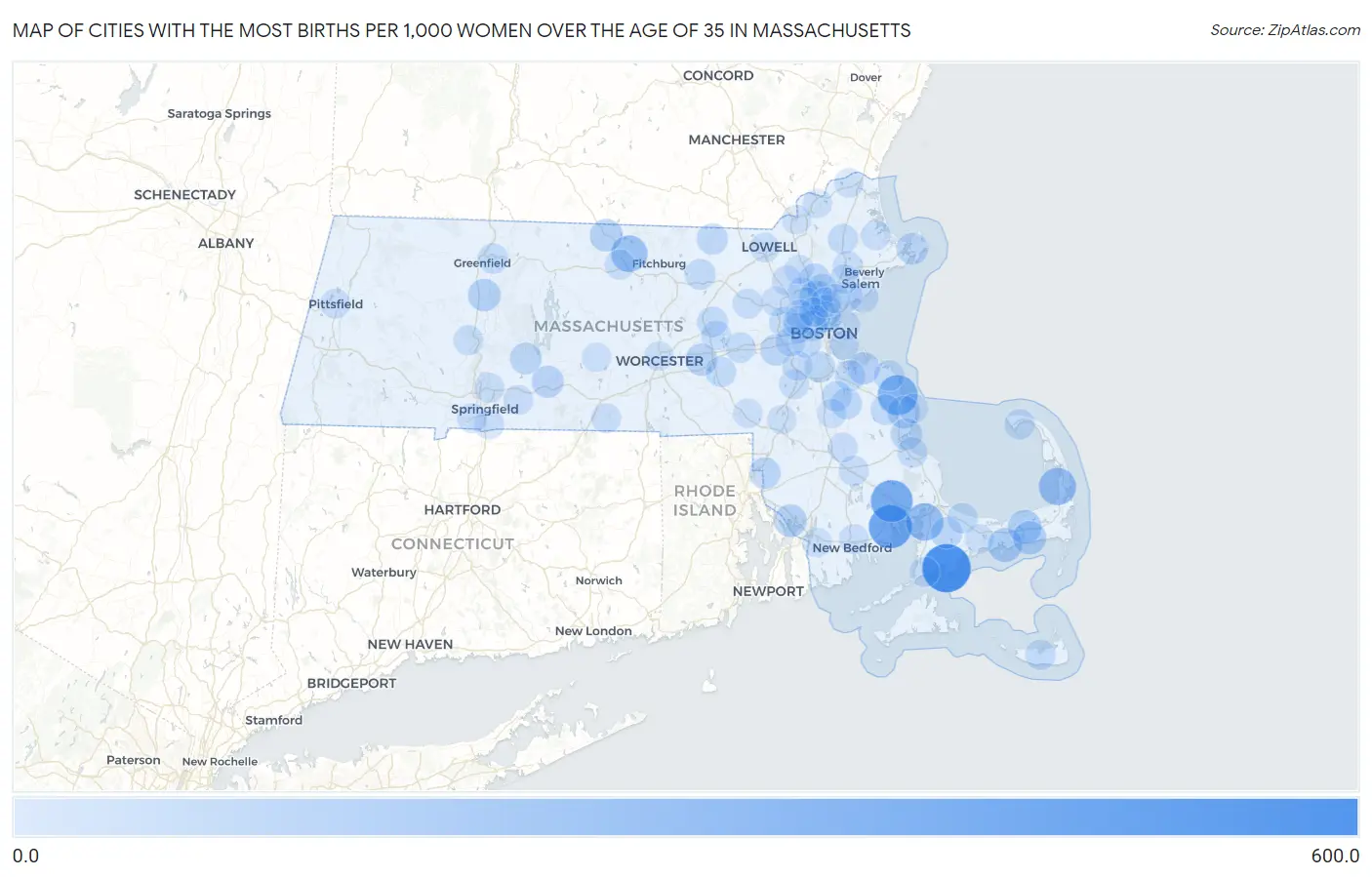 Cities with the Most Births per 1,000 Women Over the Age of 35 in Massachusetts Map