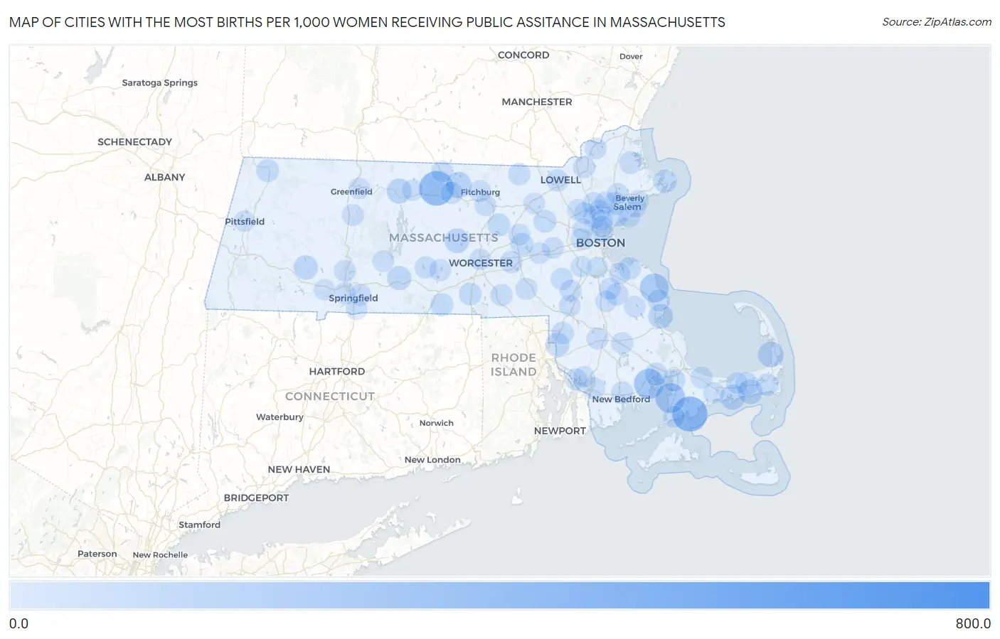 Cities with the Most Births per 1,000 Women Receiving Public Assitance in Massachusetts Map