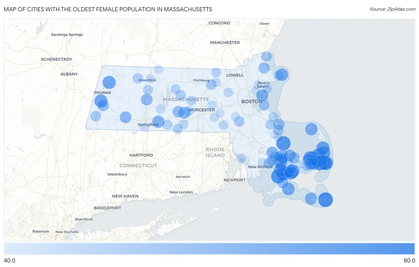 Cities with the Oldest Female Population in Massachusetts Map