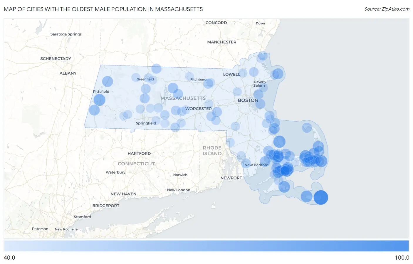 Cities with the Oldest Male Population in Massachusetts Map