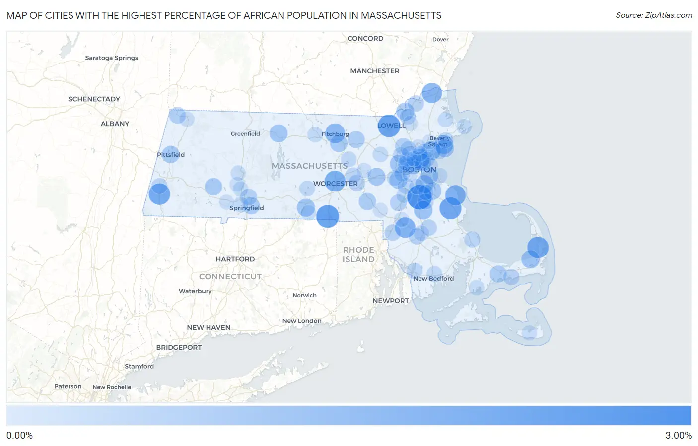 Cities with the Highest Percentage of African Population in Massachusetts Map