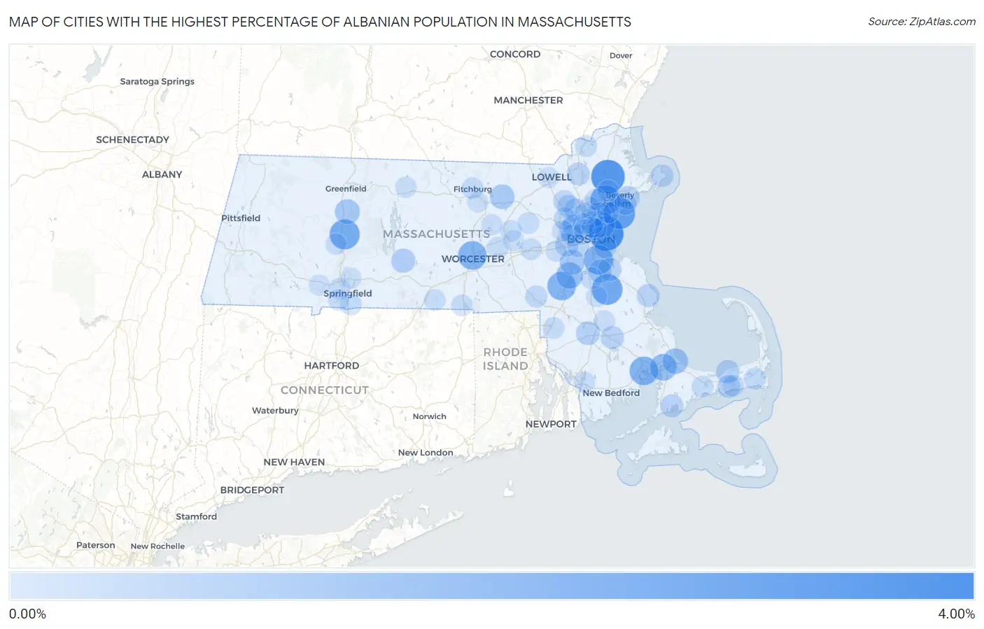 Cities with the Highest Percentage of Albanian Population in Massachusetts Map