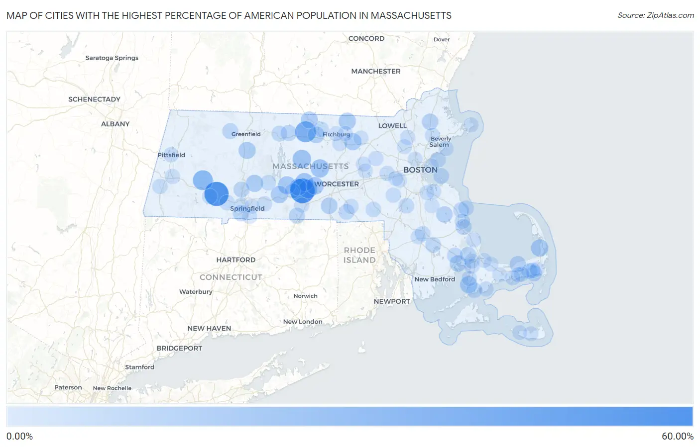 Cities with the Highest Percentage of American Population in Massachusetts Map