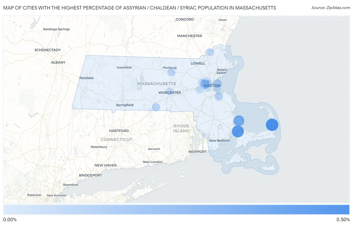 Cities with the Highest Percentage of Assyrian / Chaldean / Syriac Population in Massachusetts Map