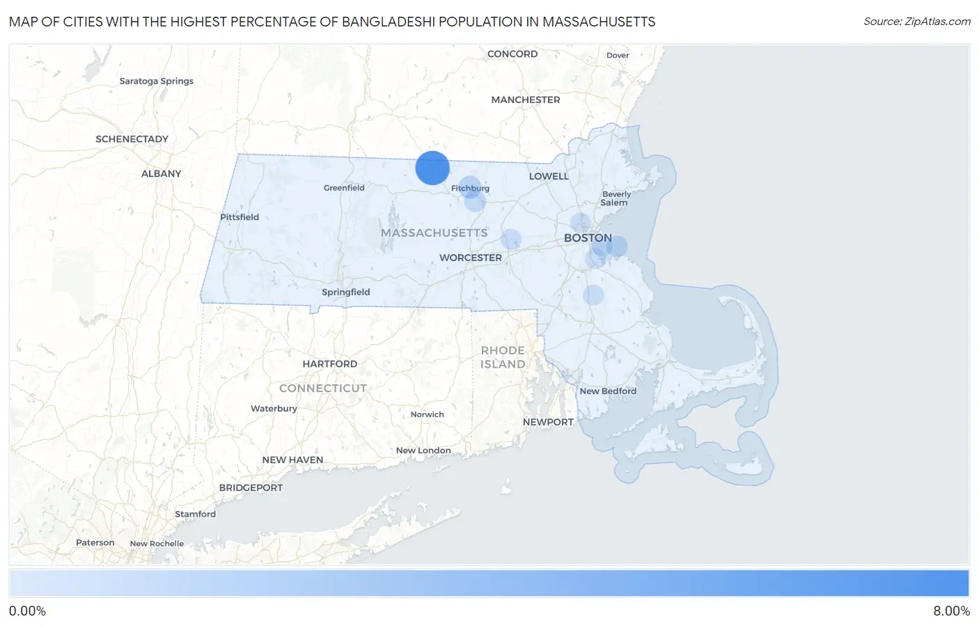 Cities with the Highest Percentage of Bangladeshi Population in Massachusetts Map