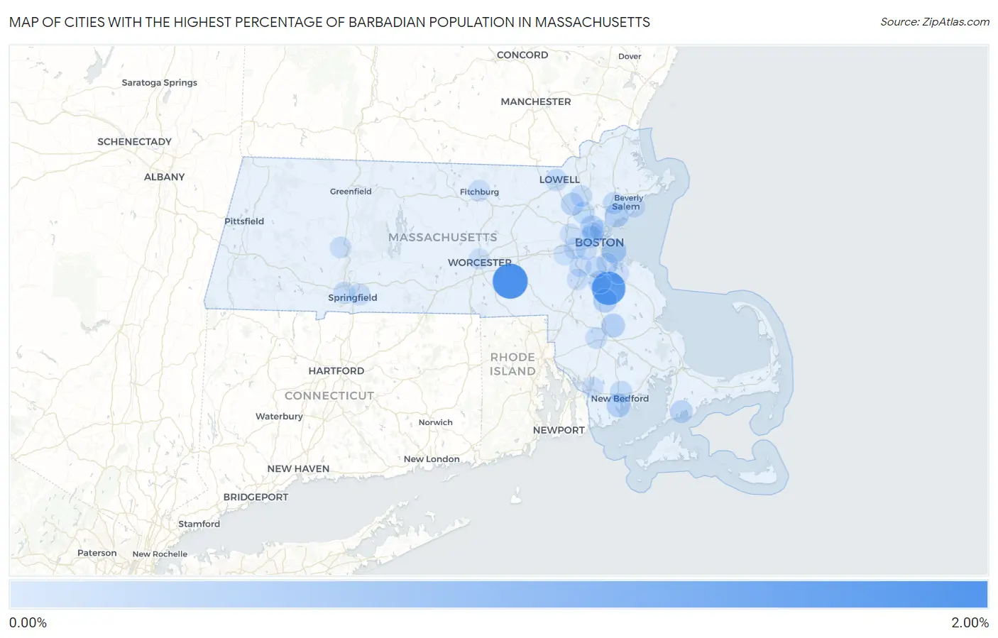 Cities with the Highest Percentage of Barbadian Population in Massachusetts Map