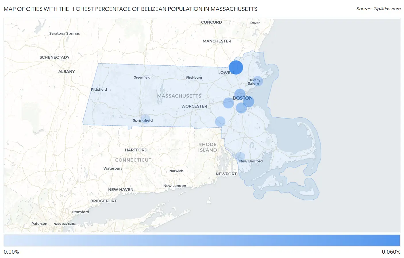 Cities with the Highest Percentage of Belizean Population in Massachusetts Map
