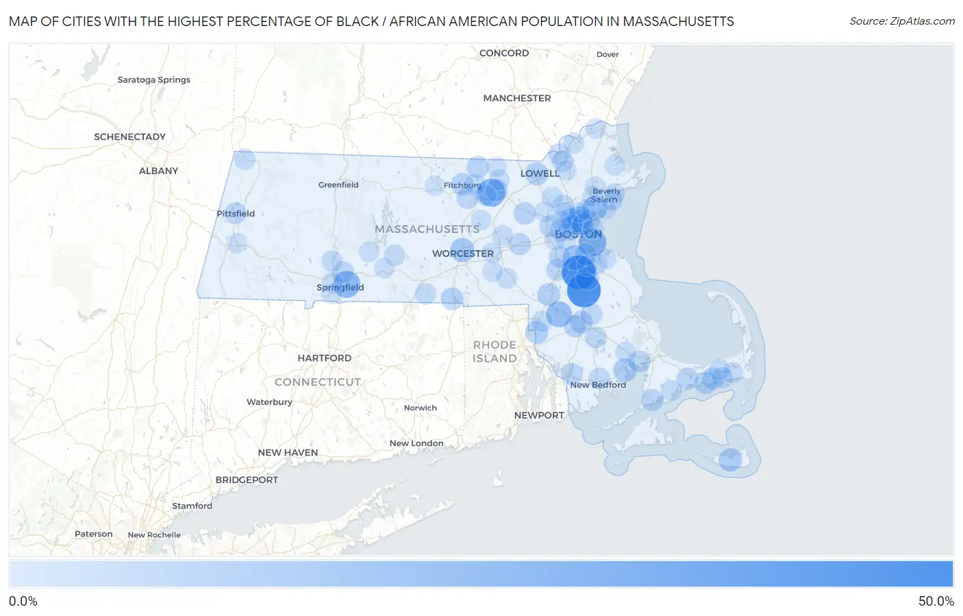 Cities with the Highest Percentage of Black / African American Population in Massachusetts Map