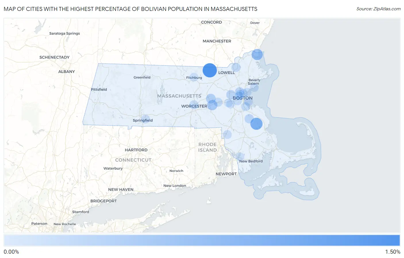 Cities with the Highest Percentage of Bolivian Population in Massachusetts Map
