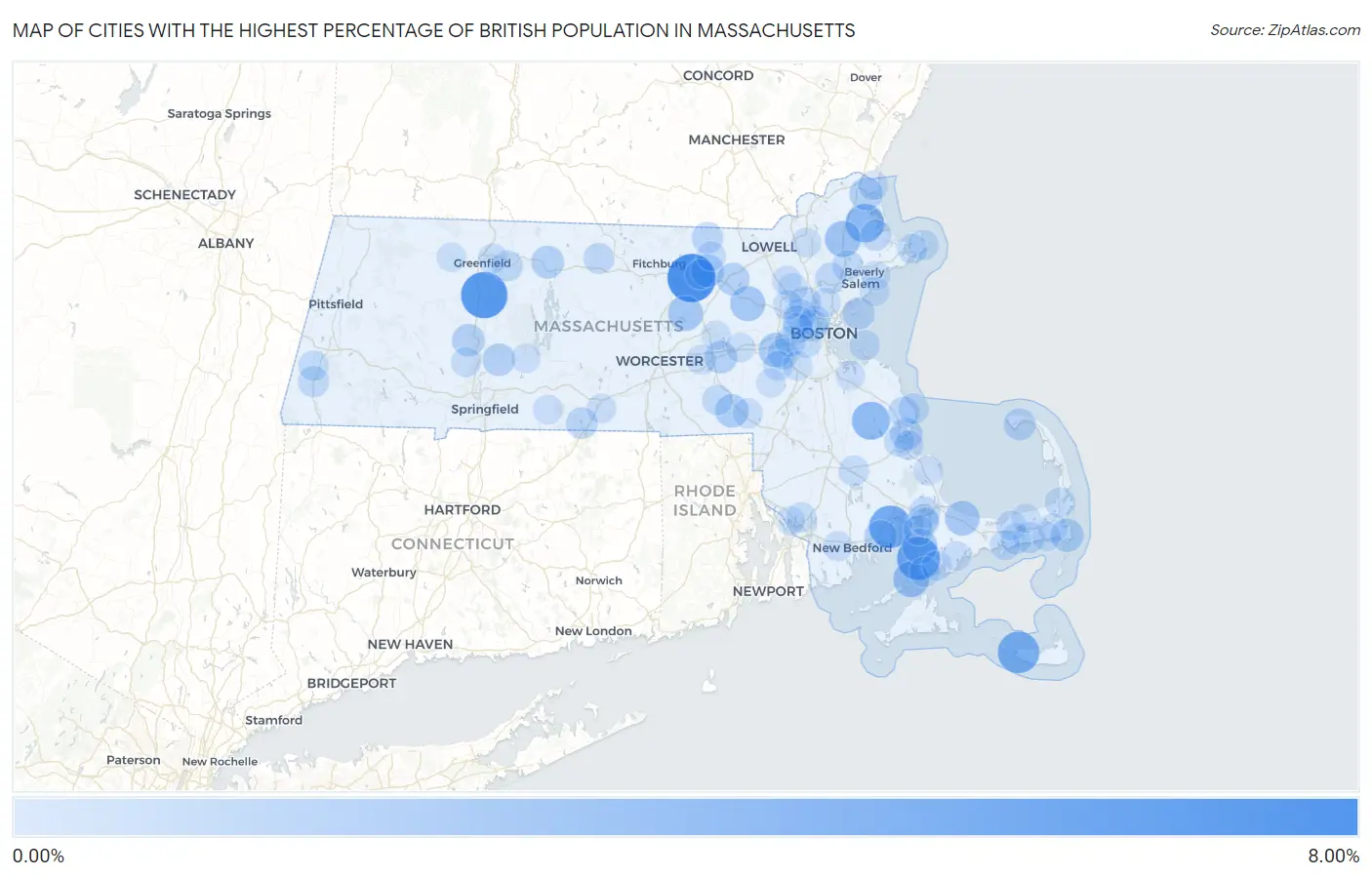 Cities with the Highest Percentage of British Population in Massachusetts Map