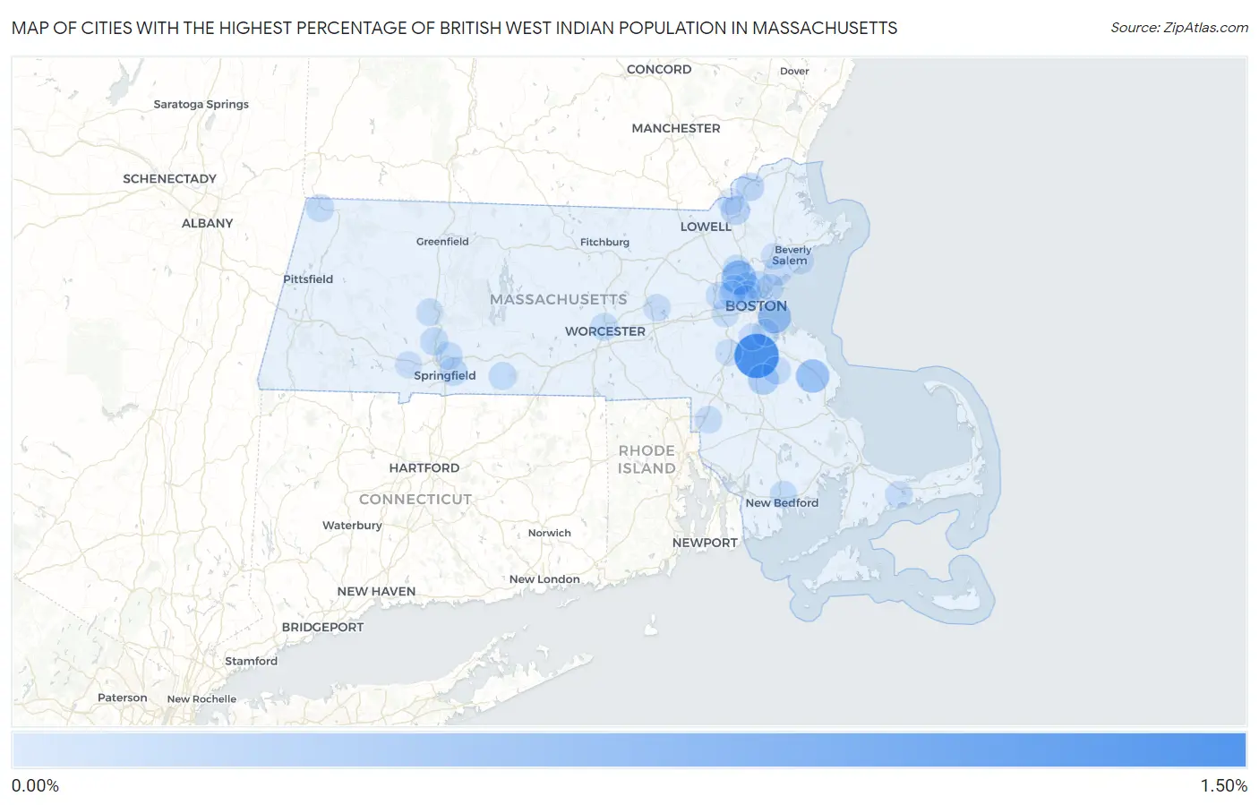 Cities with the Highest Percentage of British West Indian Population in Massachusetts Map