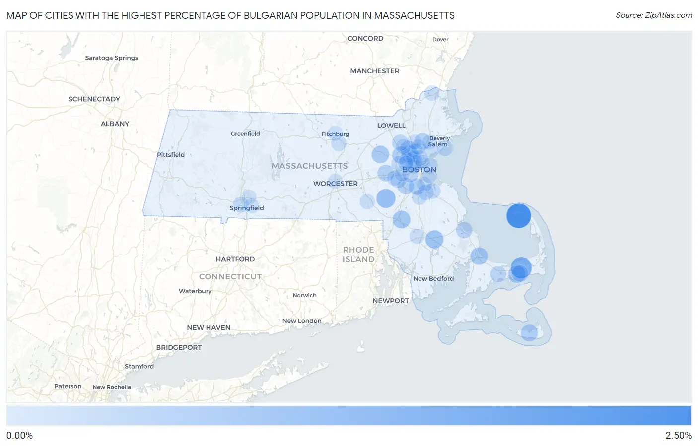 Cities with the Highest Percentage of Bulgarian Population in Massachusetts Map