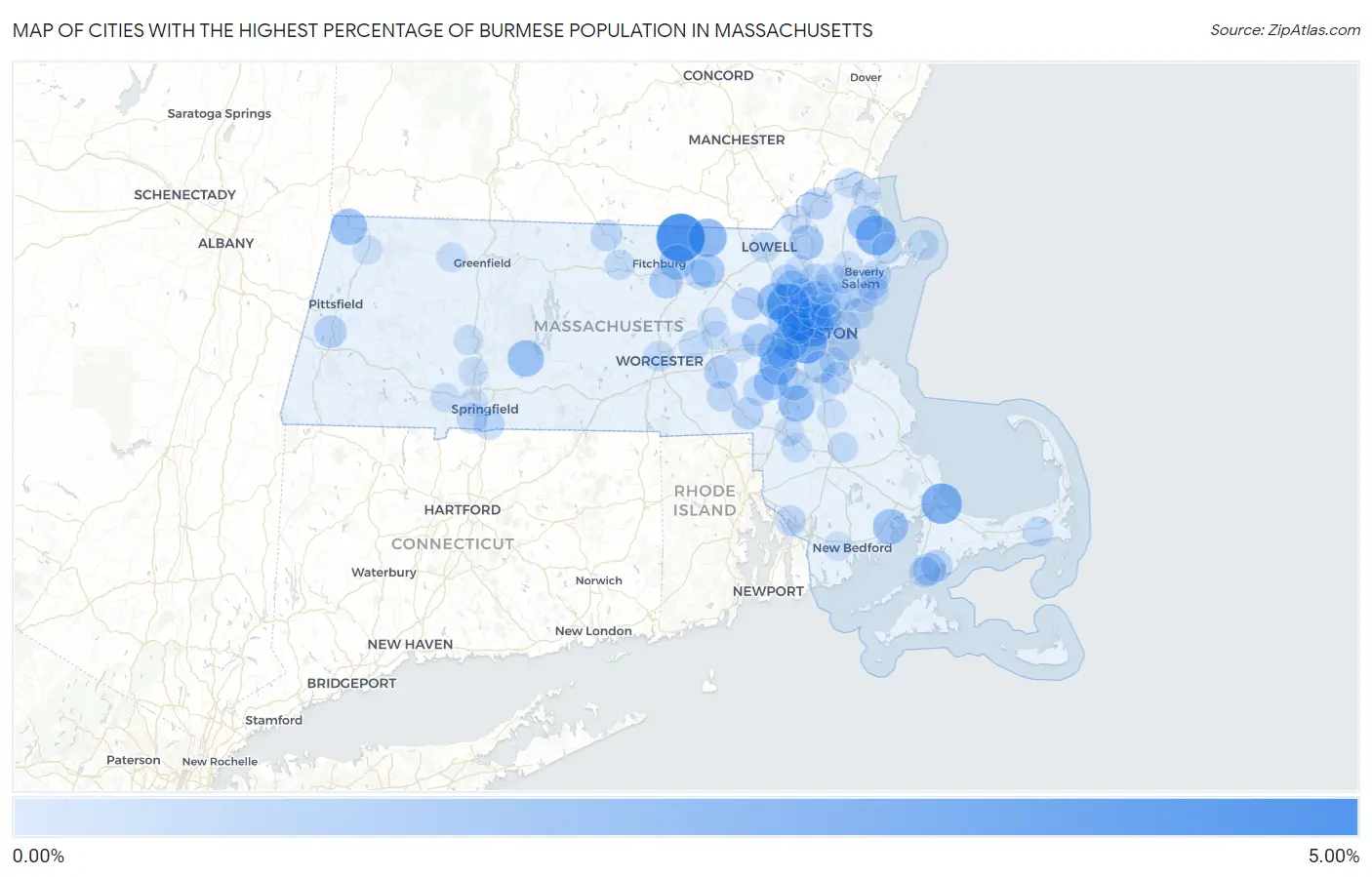 Cities with the Highest Percentage of Burmese Population in Massachusetts Map