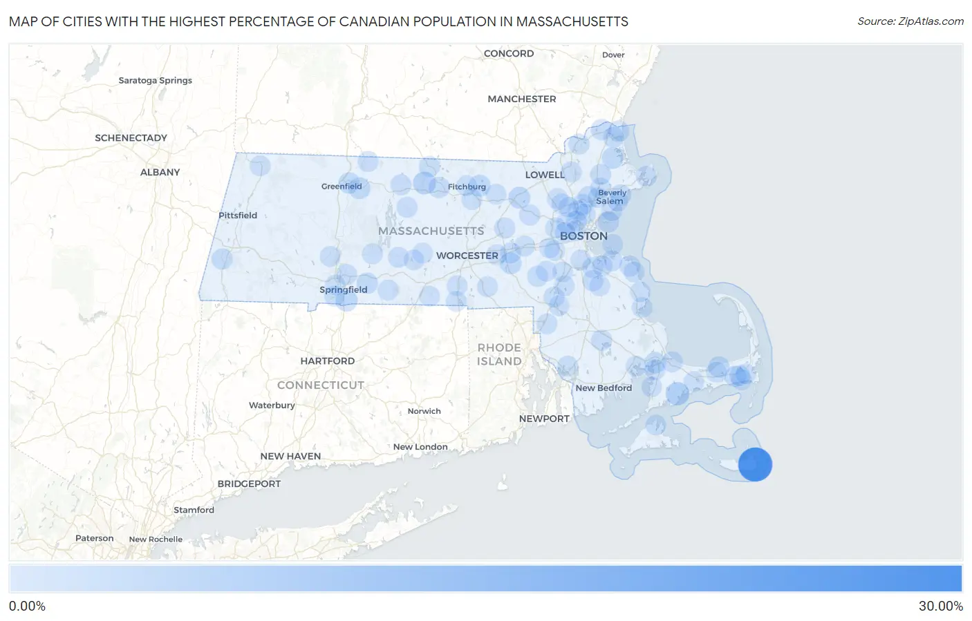 Cities with the Highest Percentage of Canadian Population in Massachusetts Map
