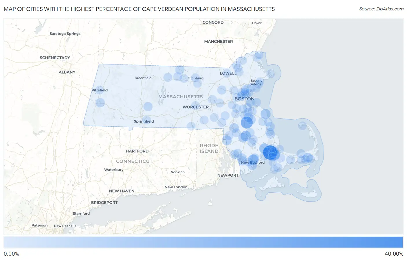 Cities with the Highest Percentage of Cape Verdean Population in Massachusetts Map