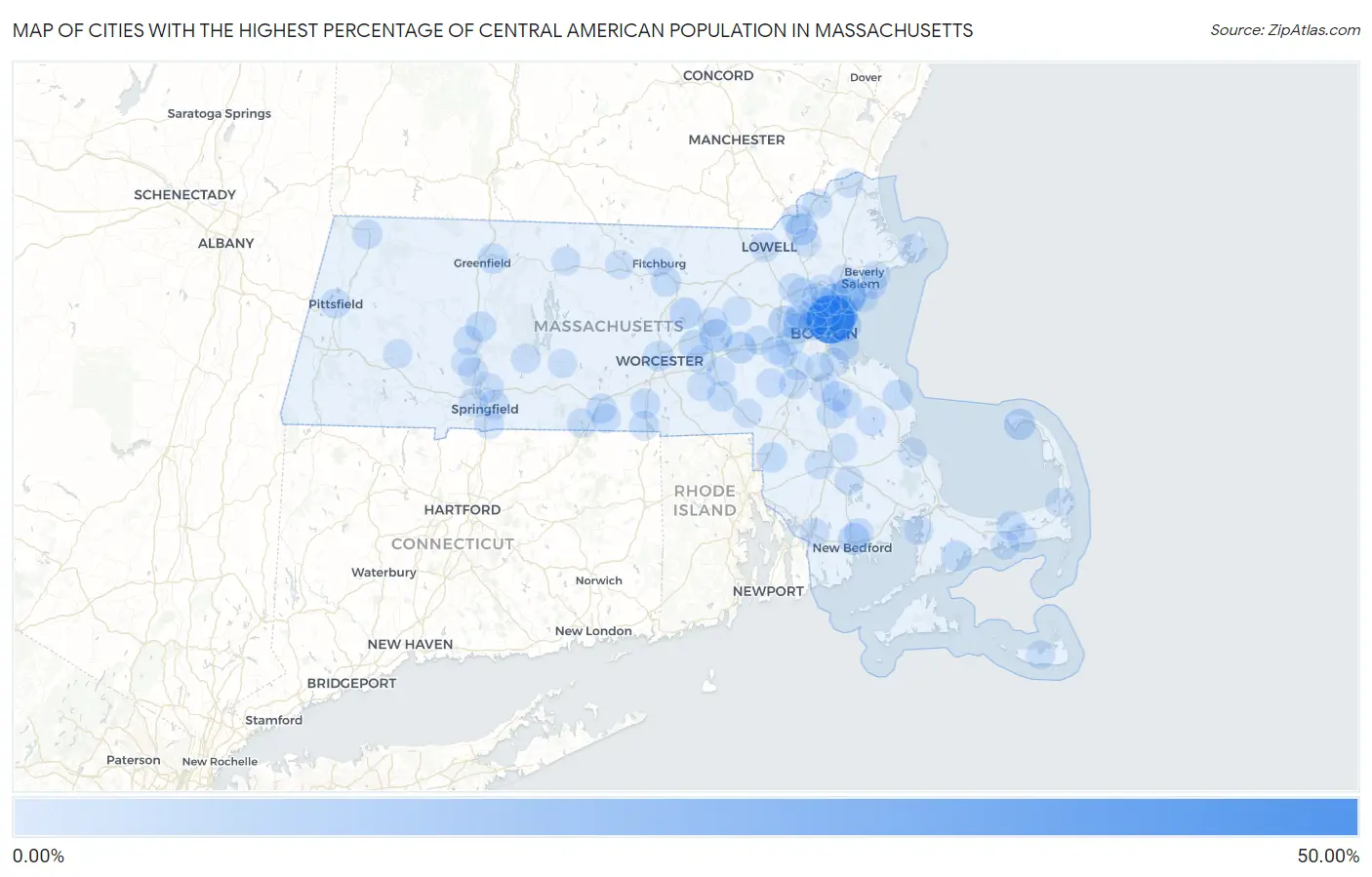 Cities with the Highest Percentage of Central American Population in Massachusetts Map