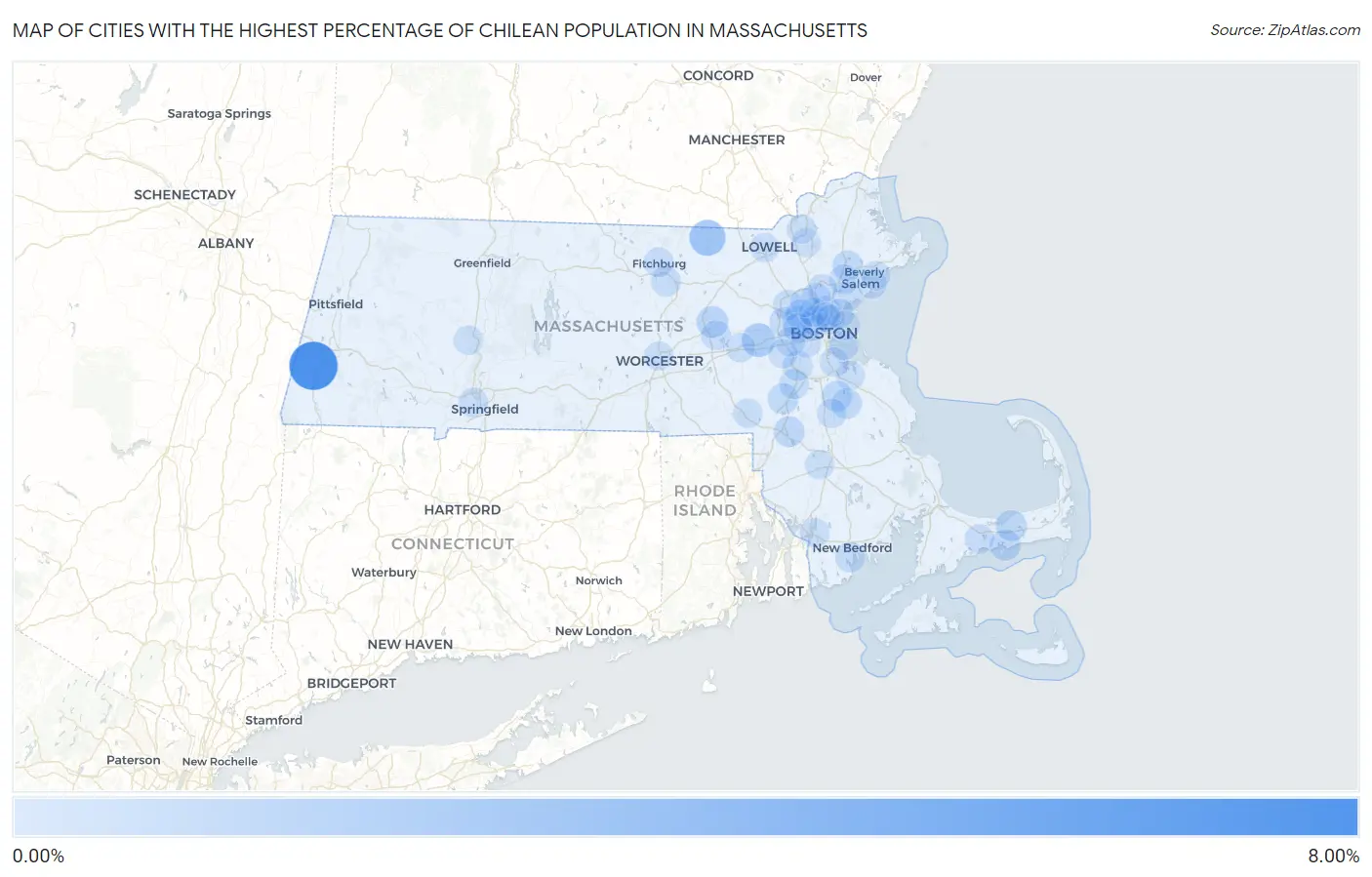 Cities with the Highest Percentage of Chilean Population in Massachusetts Map