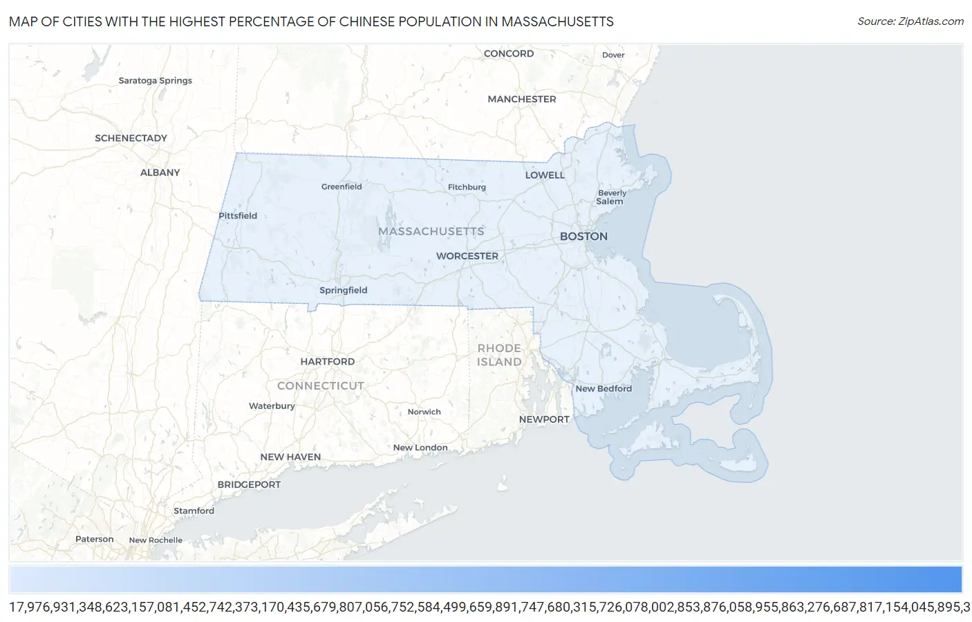 Cities with the Highest Percentage of Chinese Population in Massachusetts Map