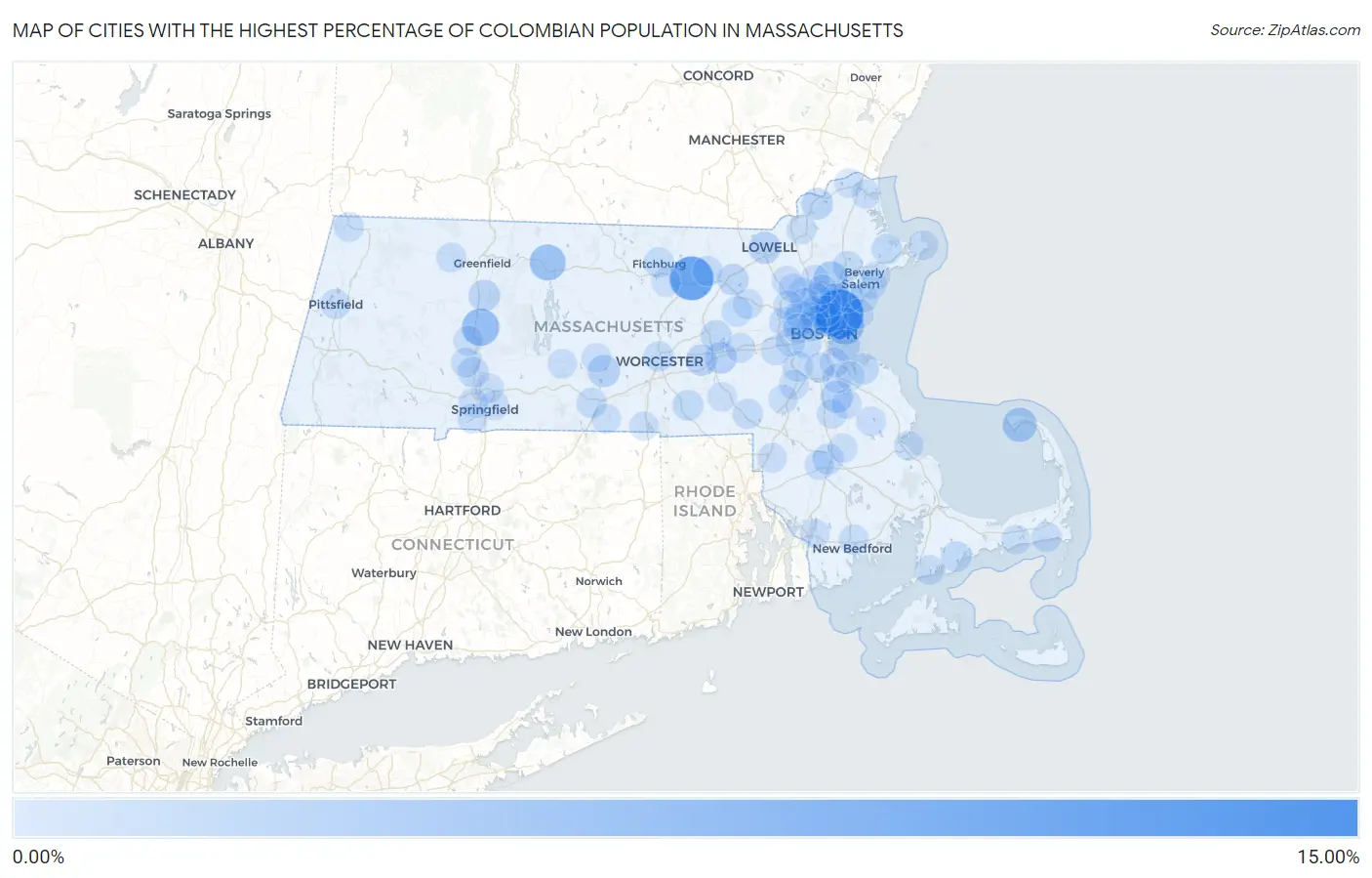 Cities with the Highest Percentage of Colombian Population in Massachusetts Map
