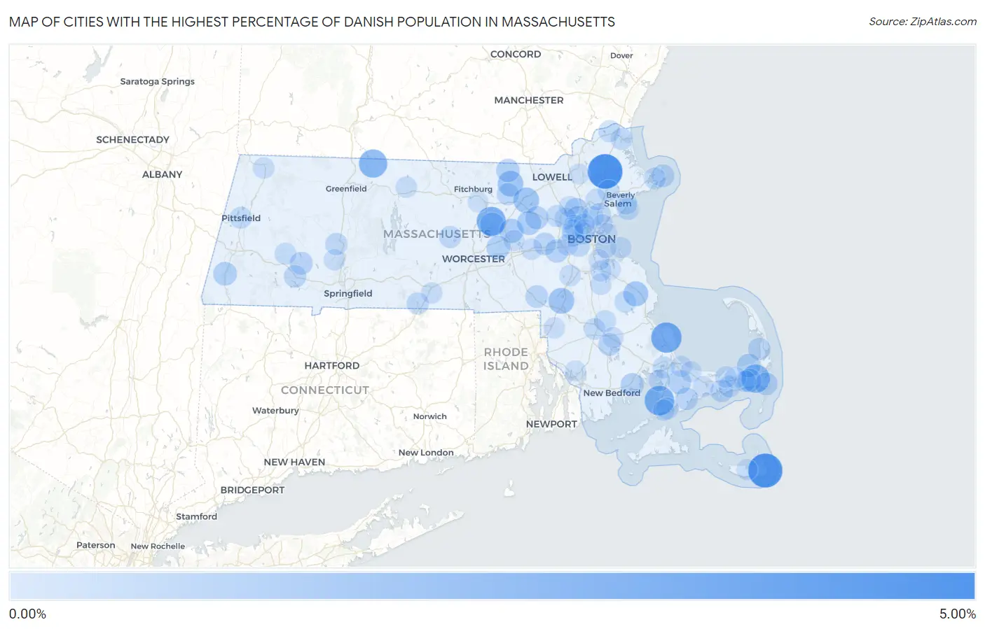 Cities with the Highest Percentage of Danish Population in Massachusetts Map