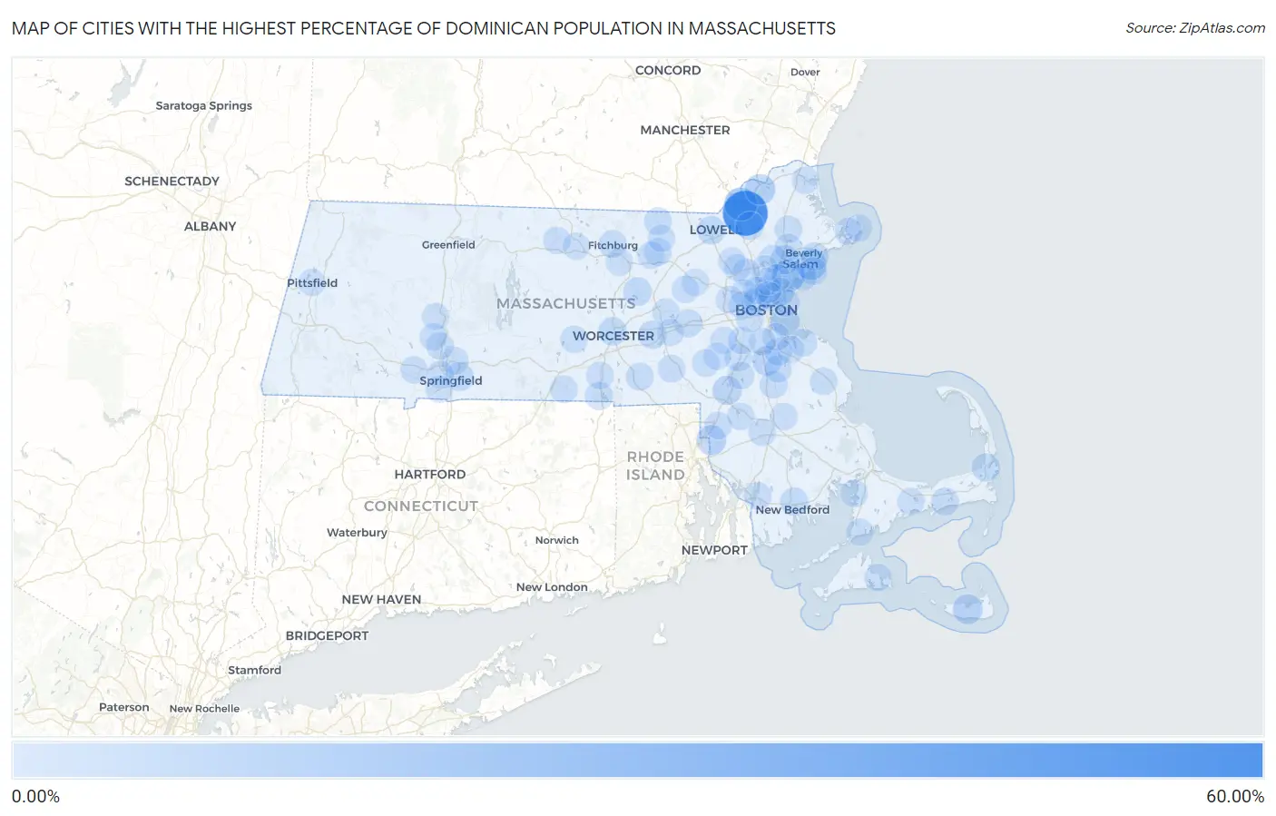 Cities with the Highest Percentage of Dominican Population in Massachusetts Map