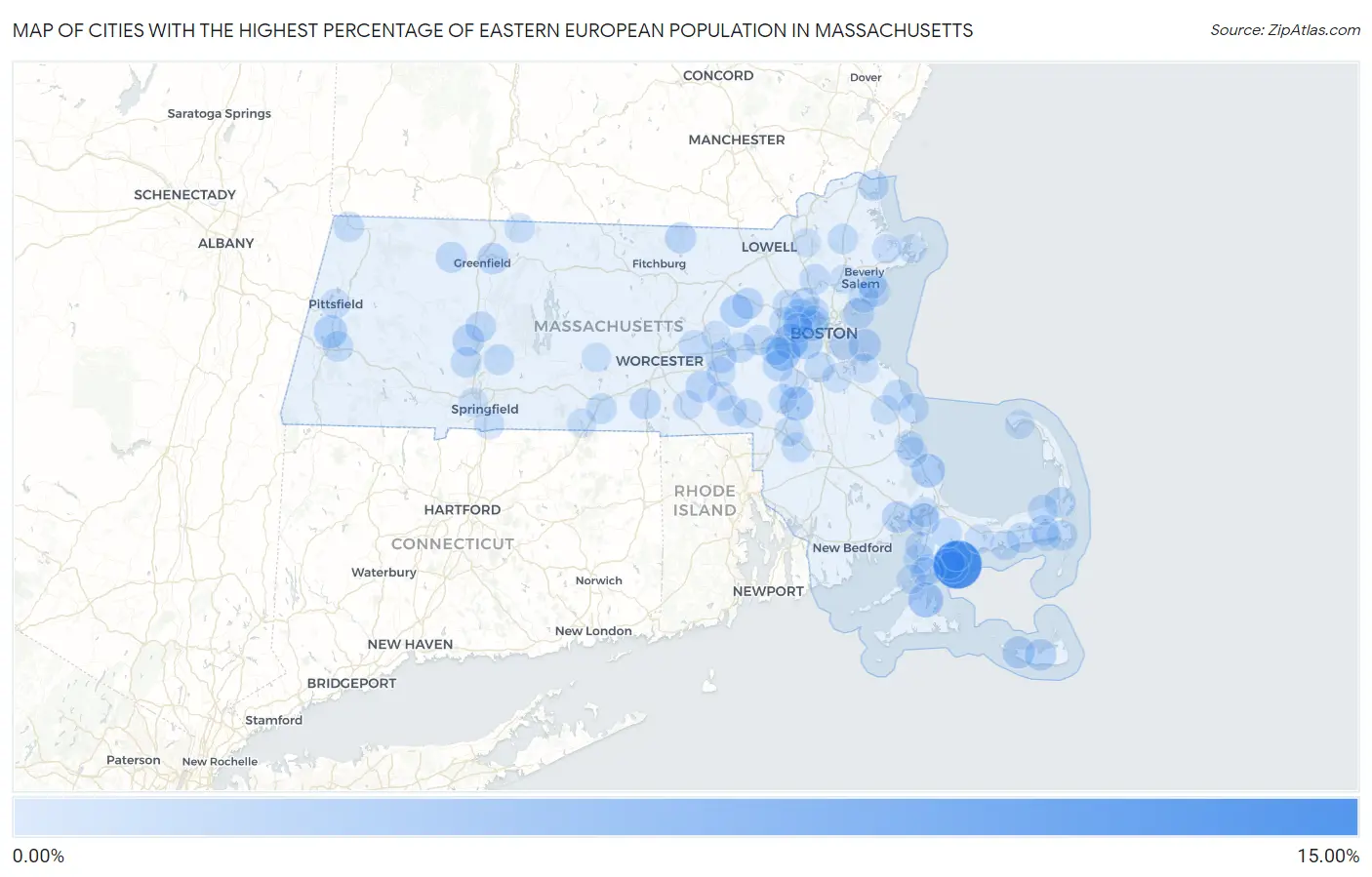Cities with the Highest Percentage of Eastern European Population in Massachusetts Map