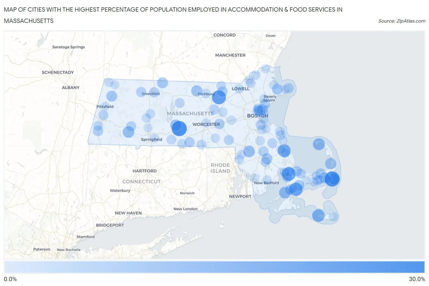 Cities with the Highest Percentage of Population Employed in Accommodation & Food Services in Massachusetts Map