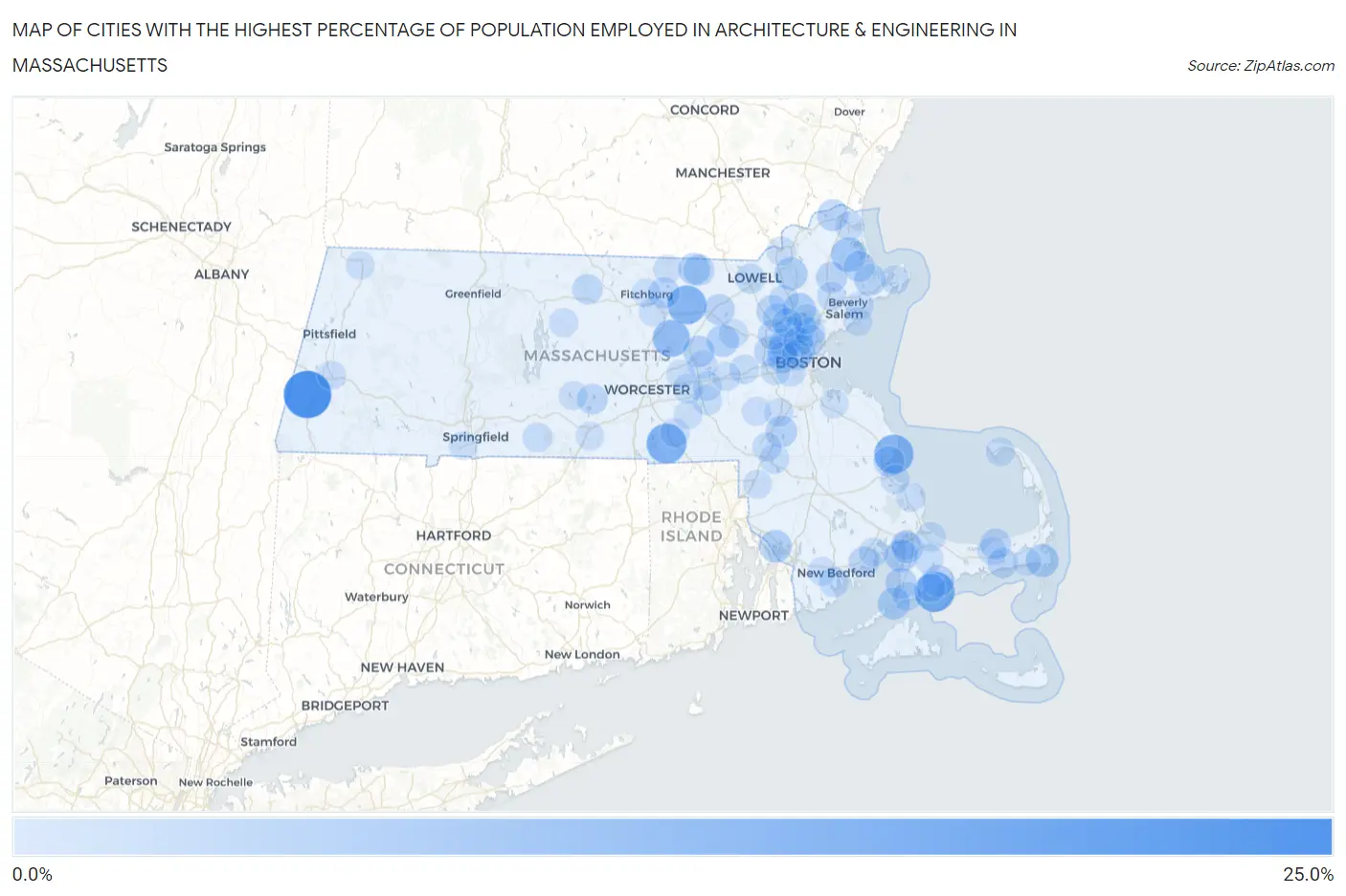 Cities with the Highest Percentage of Population Employed in Architecture & Engineering in Massachusetts Map