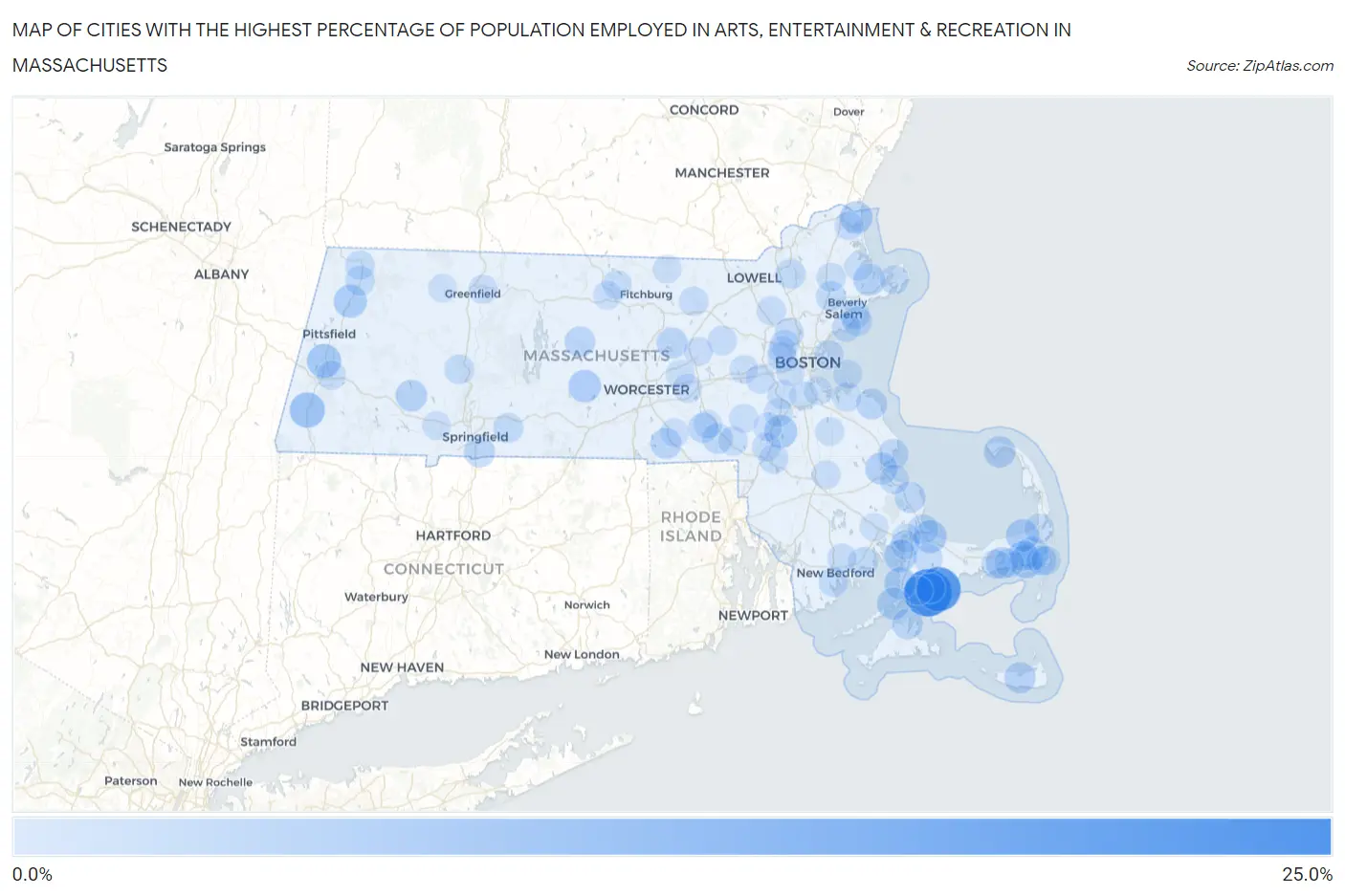 Cities with the Highest Percentage of Population Employed in Arts, Entertainment & Recreation in Massachusetts Map