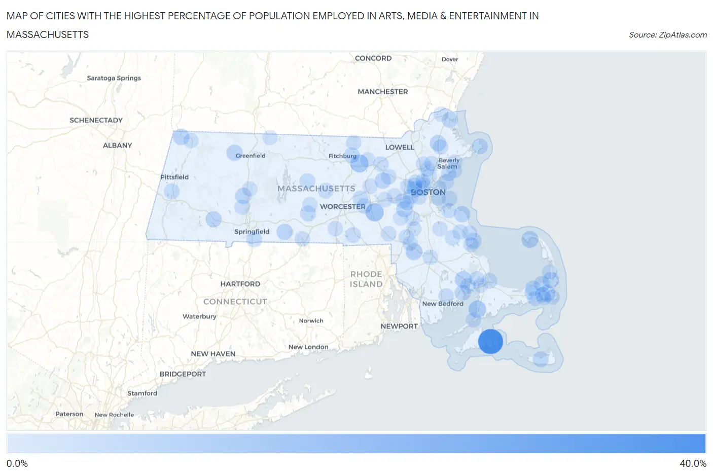 Cities with the Highest Percentage of Population Employed in Arts, Media & Entertainment in Massachusetts Map