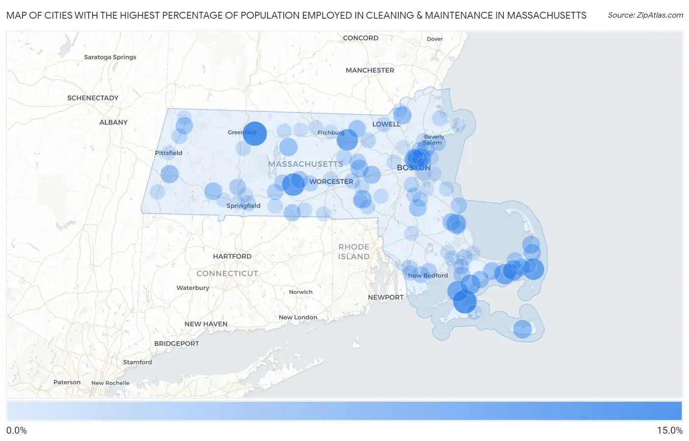 Cities with the Highest Percentage of Population Employed in Cleaning & Maintenance in Massachusetts Map