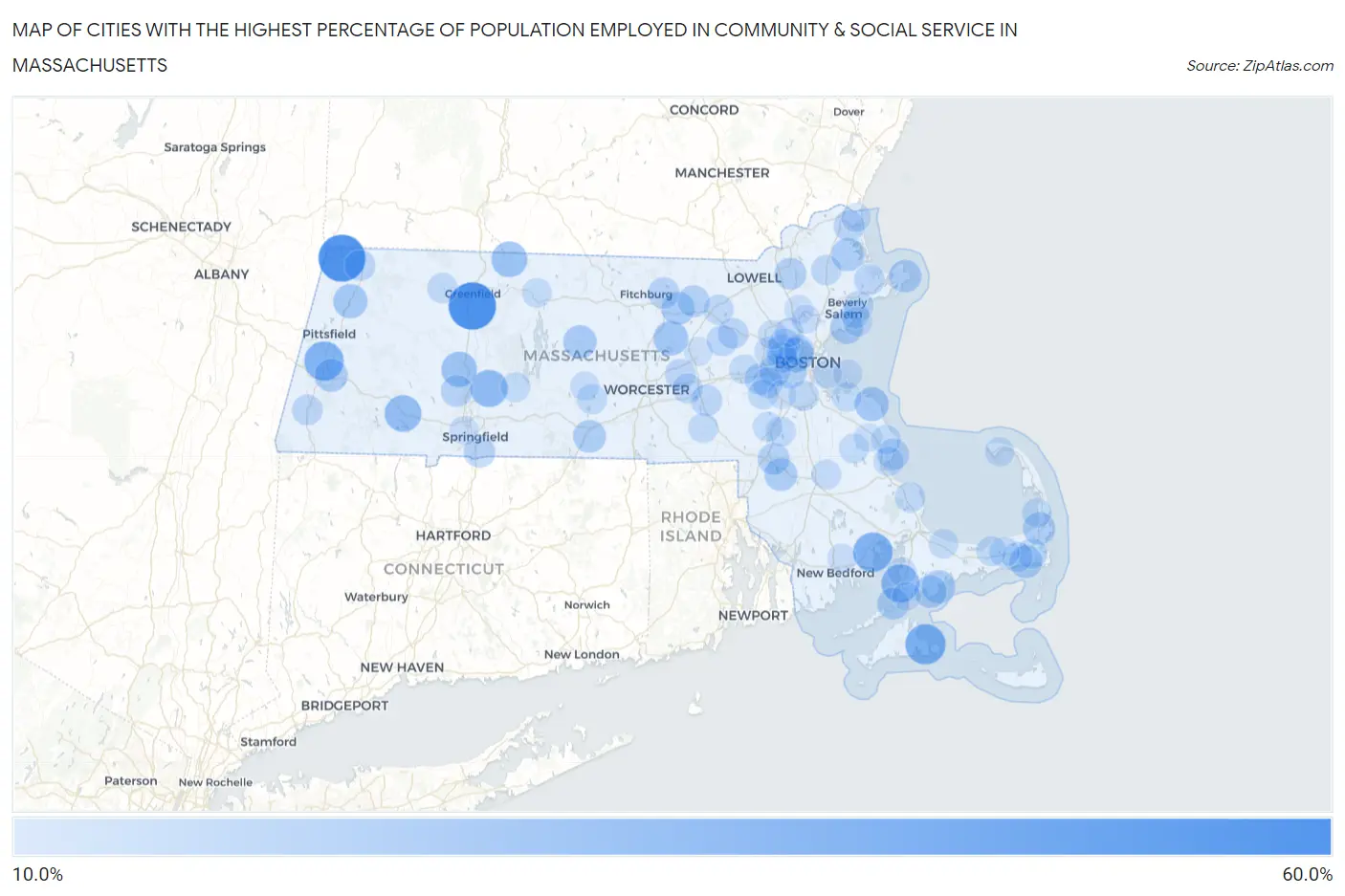 Cities with the Highest Percentage of Population Employed in Community & Social Service  in Massachusetts Map