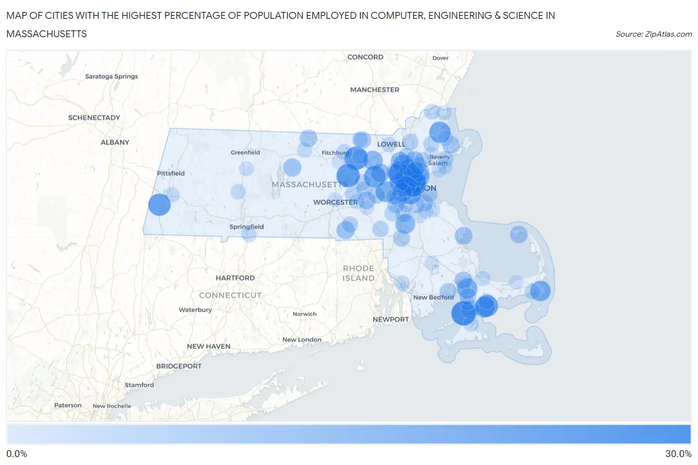 Cities with the Highest Percentage of Population Employed in Computer, Engineering & Science in Massachusetts Map