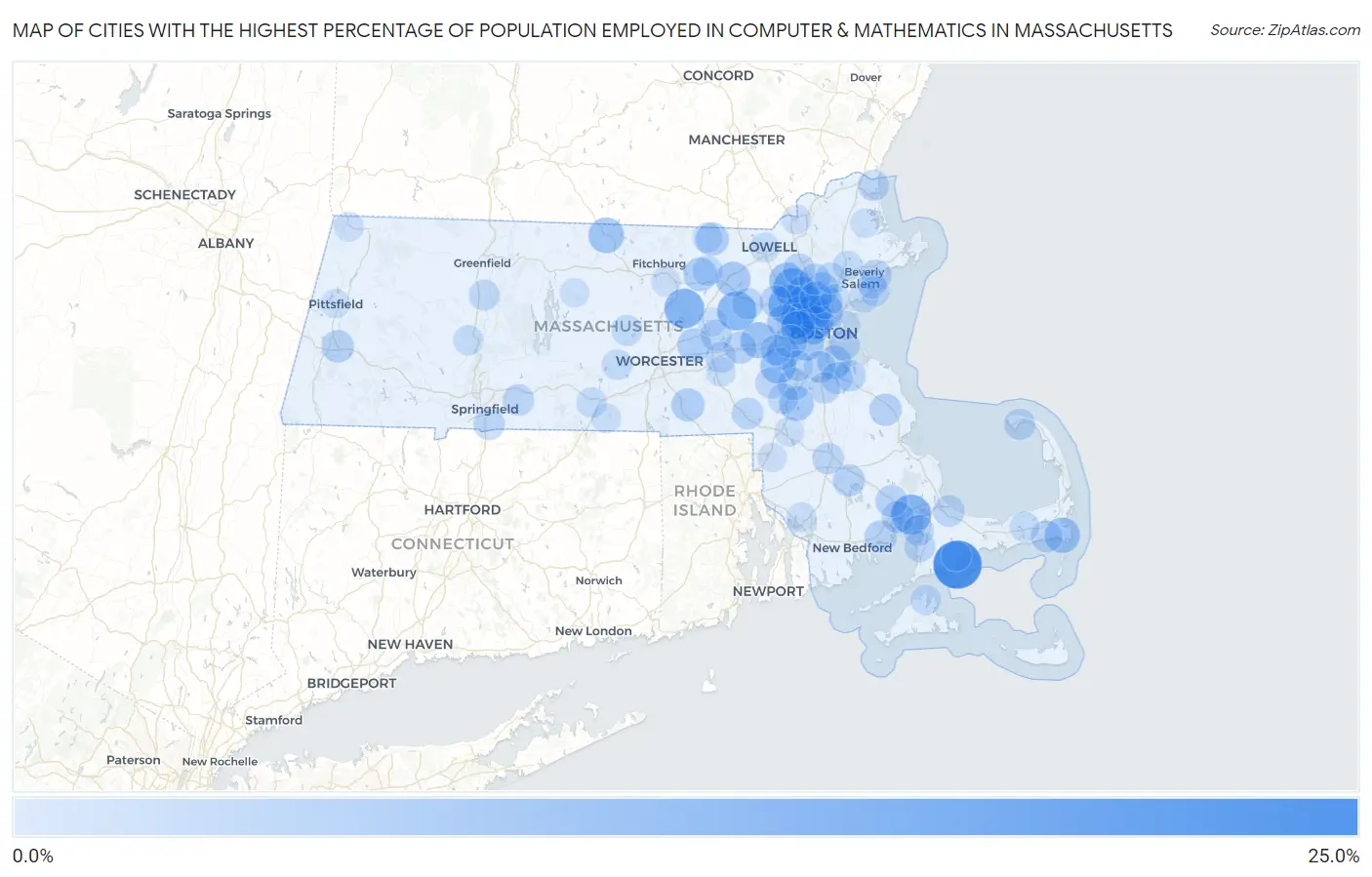 Cities with the Highest Percentage of Population Employed in Computer & Mathematics in Massachusetts Map