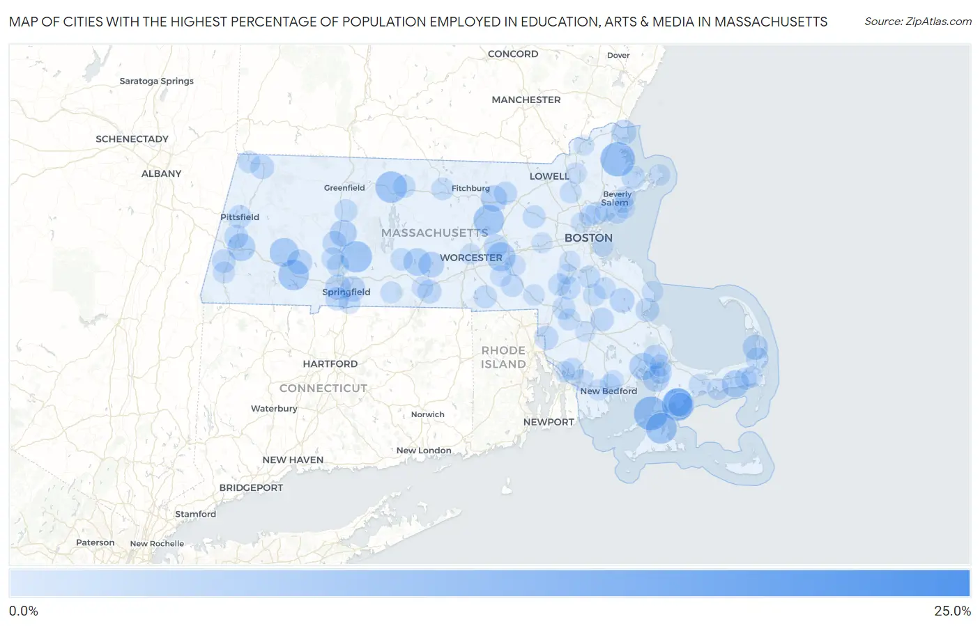 Cities with the Highest Percentage of Population Employed in Education, Arts & Media in Massachusetts Map