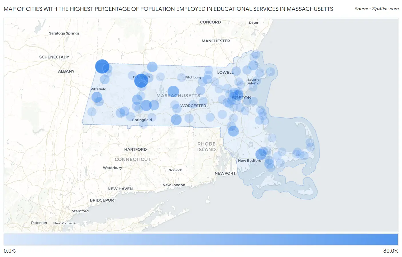 Cities with the Highest Percentage of Population Employed in Educational Services in Massachusetts Map