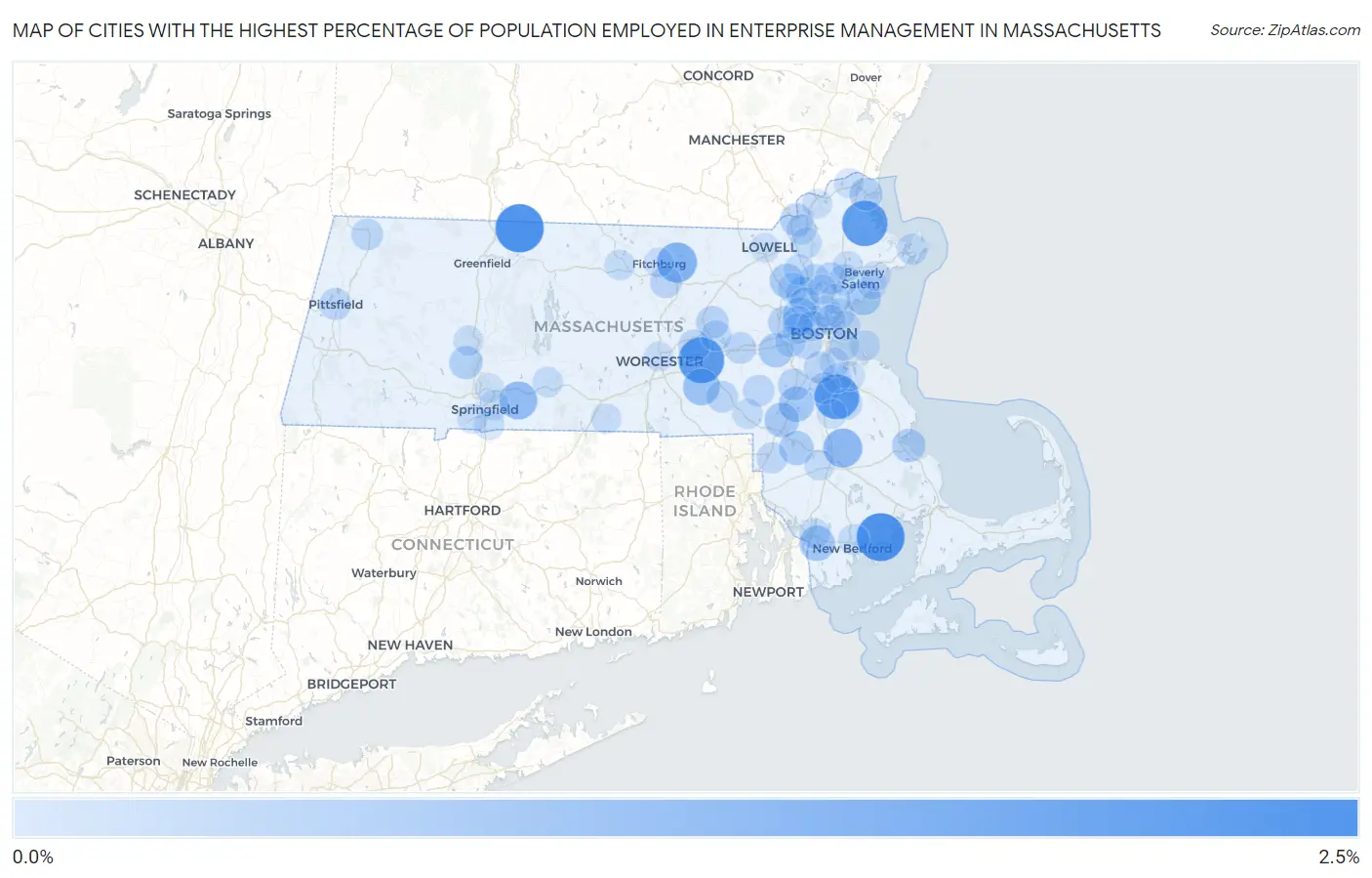 Cities with the Highest Percentage of Population Employed in Enterprise Management in Massachusetts Map