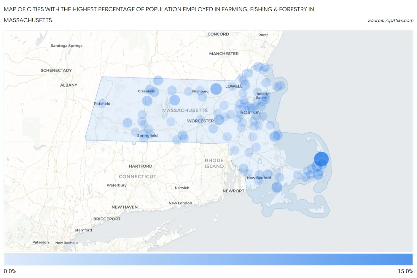 Cities with the Highest Percentage of Population Employed in Farming, Fishing & Forestry in Massachusetts Map