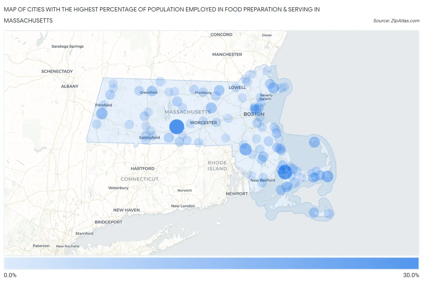 Cities with the Highest Percentage of Population Employed in Food Preparation & Serving in Massachusetts Map