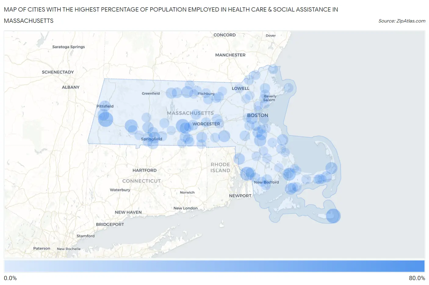 Cities with the Highest Percentage of Population Employed in Health Care & Social Assistance in Massachusetts Map