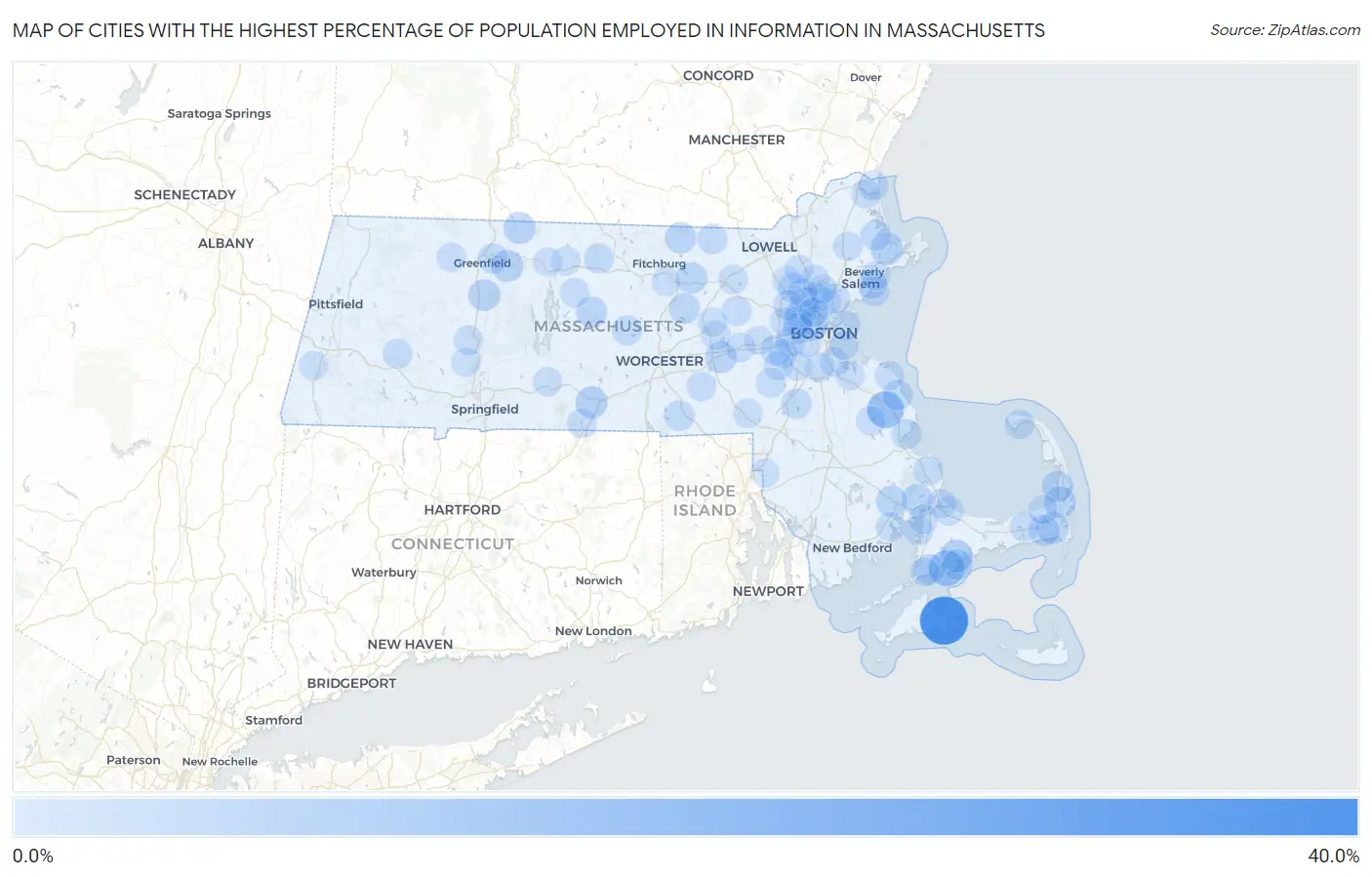 Cities with the Highest Percentage of Population Employed in Information in Massachusetts Map