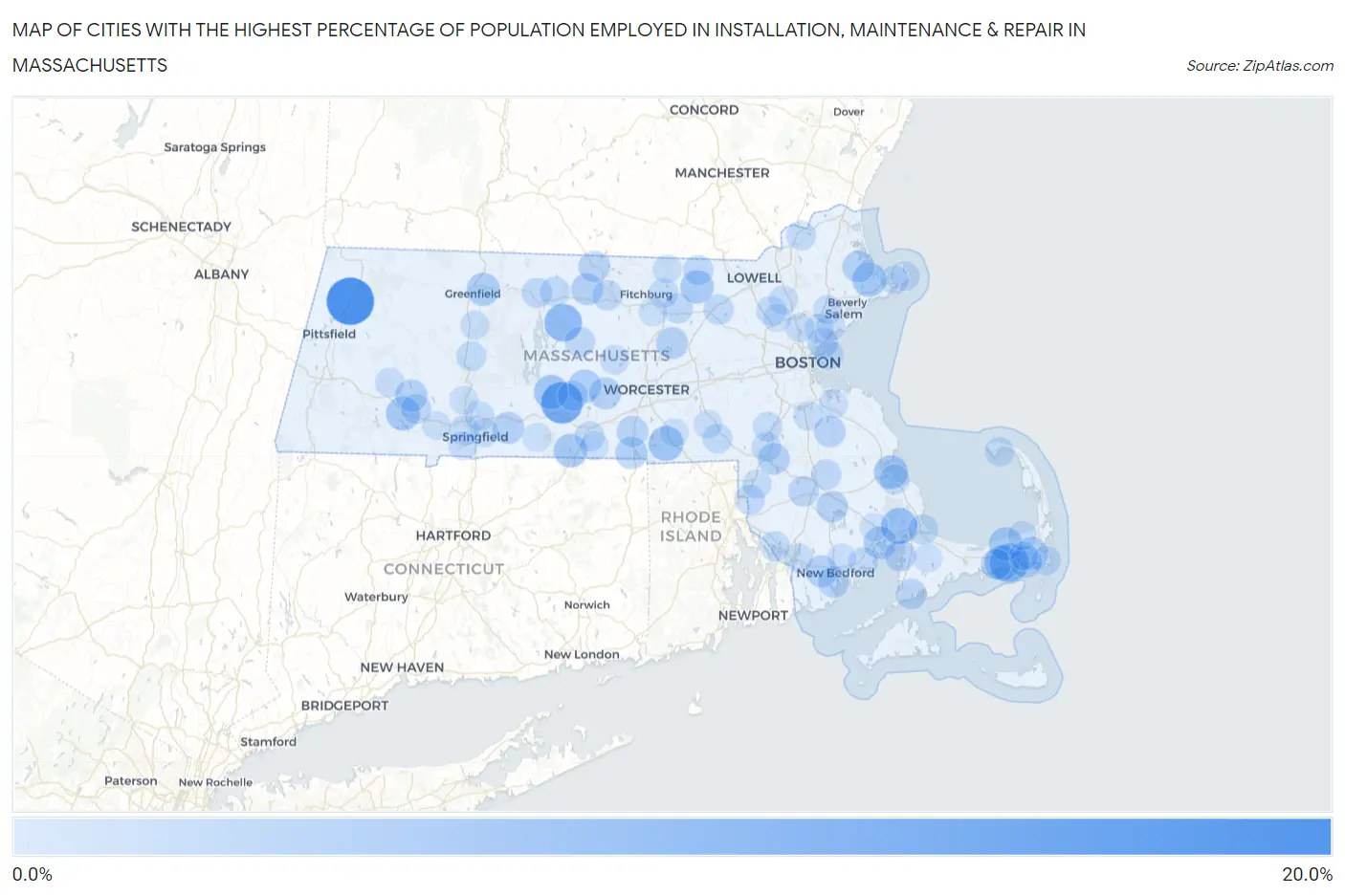 Cities with the Highest Percentage of Population Employed in Installation, Maintenance & Repair in Massachusetts Map