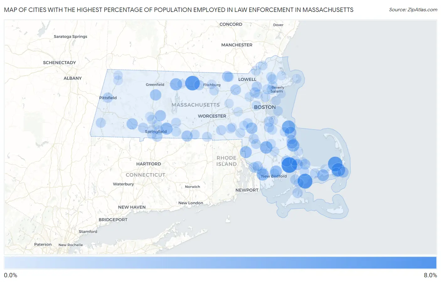 Cities with the Highest Percentage of Population Employed in Law Enforcement in Massachusetts Map