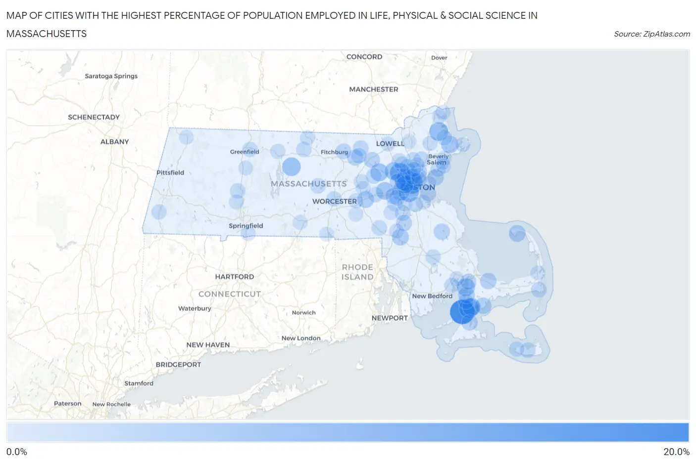 Cities with the Highest Percentage of Population Employed in Life, Physical & Social Science in Massachusetts Map