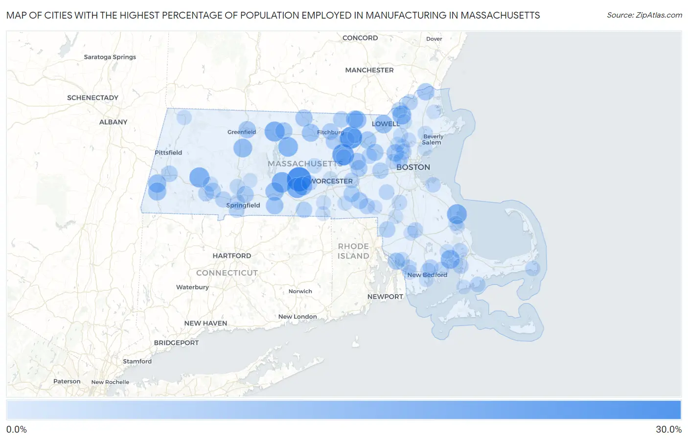 Cities with the Highest Percentage of Population Employed in Manufacturing in Massachusetts Map
