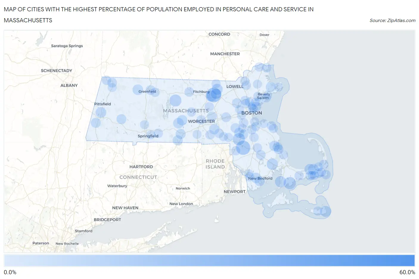Cities with the Highest Percentage of Population Employed in Personal Care and Service in Massachusetts Map