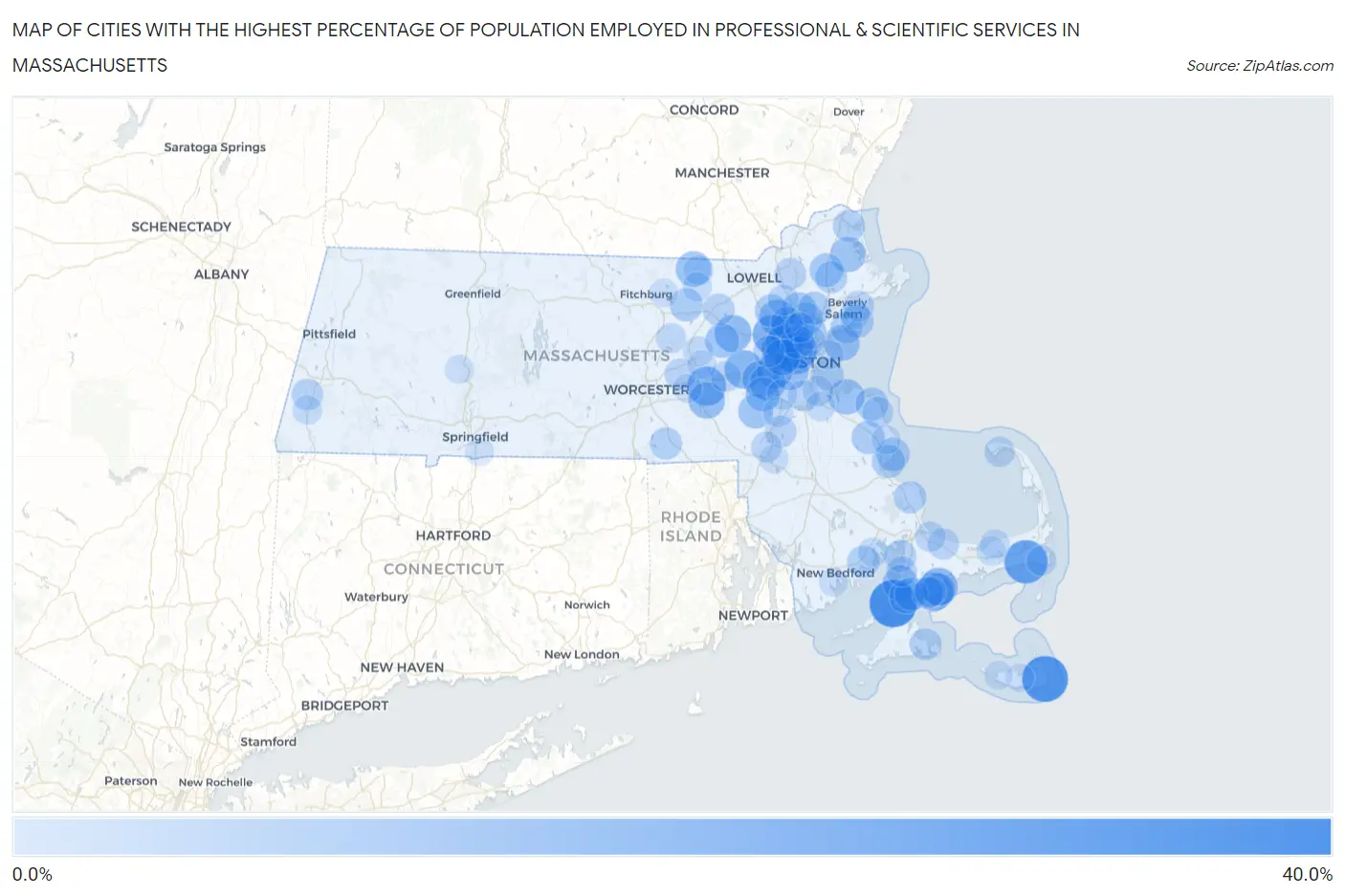 Cities with the Highest Percentage of Population Employed in Professional & Scientific Services in Massachusetts Map