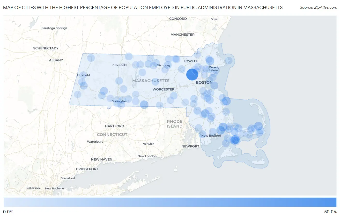 Cities with the Highest Percentage of Population Employed in Public Administration in Massachusetts Map