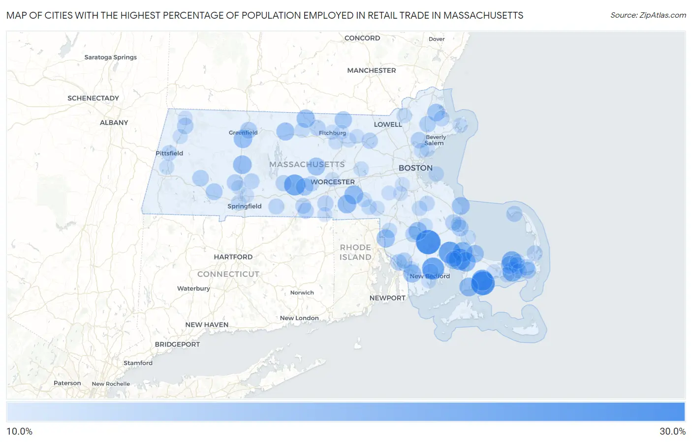 Cities with the Highest Percentage of Population Employed in Retail Trade in Massachusetts Map