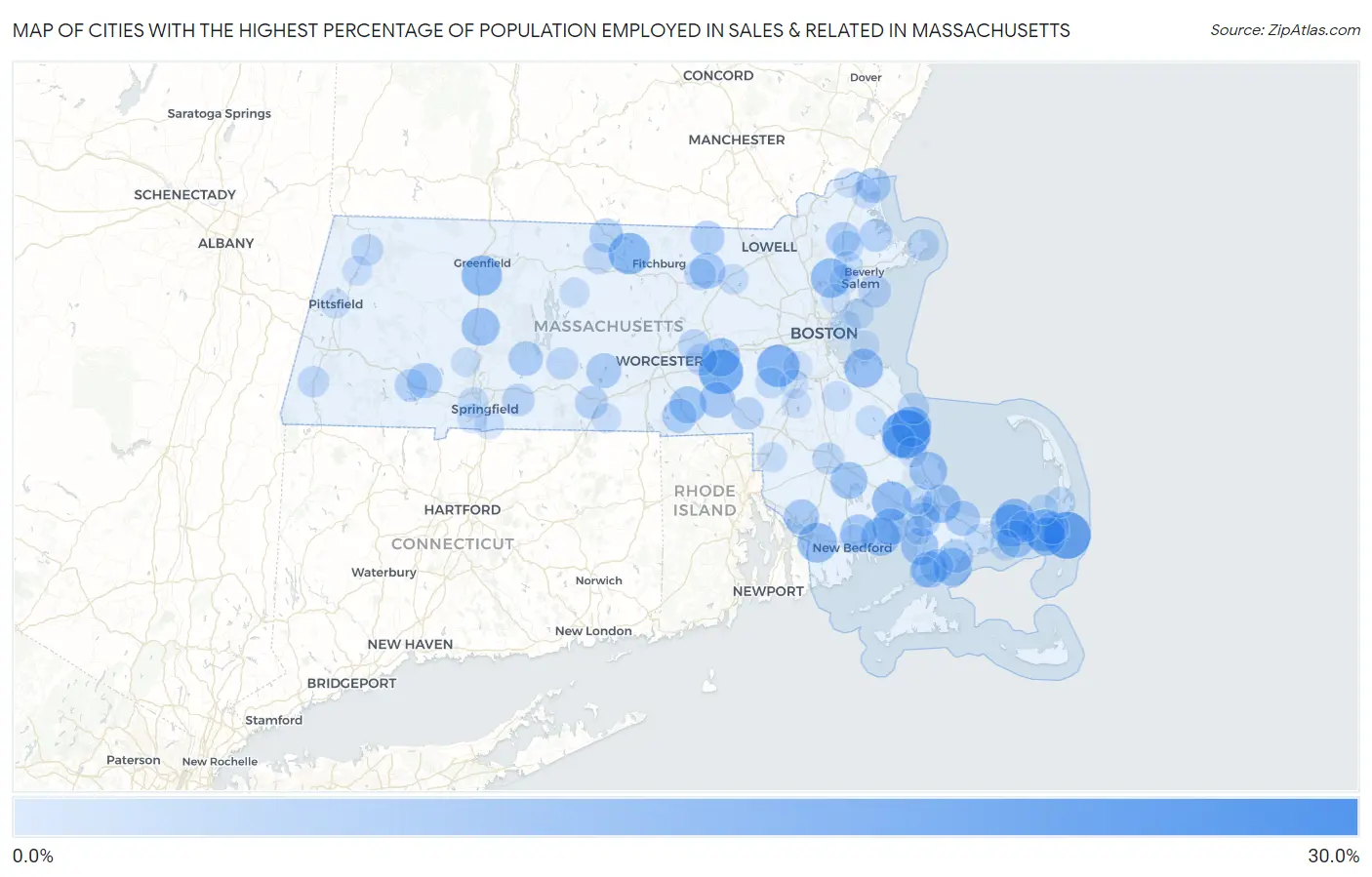 Cities with the Highest Percentage of Population Employed in Sales & Related in Massachusetts Map